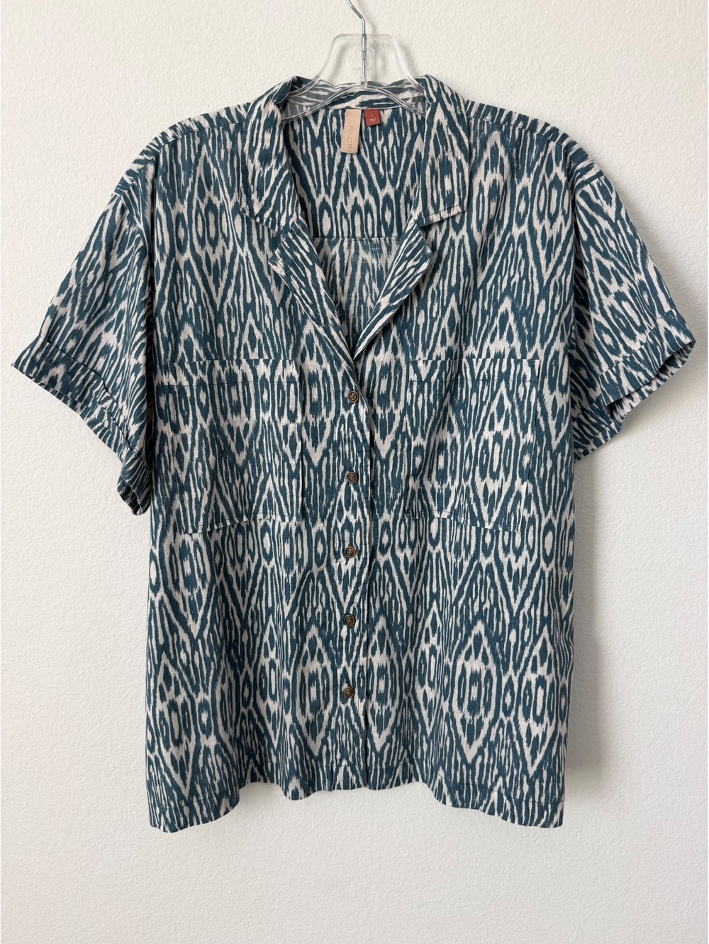 Pilcro "Teal Blue"/White Ikat Short Sleeve Button Up 100% Cotton Shirt Size L